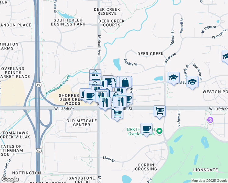 map of restaurants, bars, coffee shops, grocery stores, and more near 6753 West 133rd Street in Overland Park