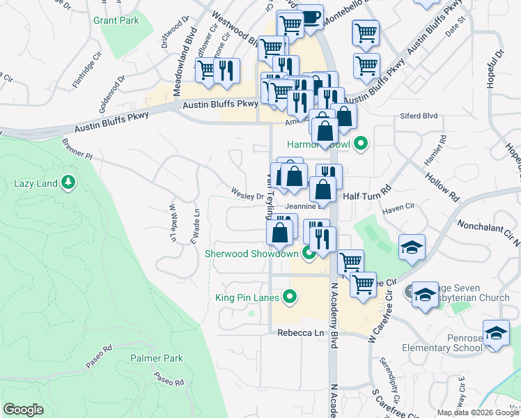 map of restaurants, bars, coffee shops, grocery stores, and more near 3654 Queen Anne Way in Colorado Springs