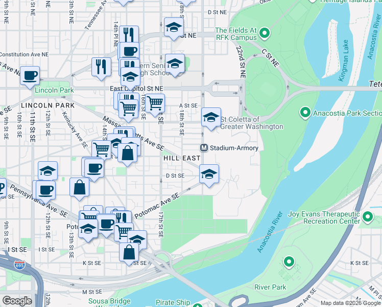 map of restaurants, bars, coffee shops, grocery stores, and more near 101 Independence Avenue Southeast in Washington