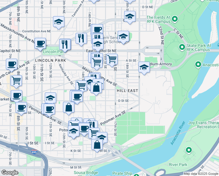 map of restaurants, bars, coffee shops, grocery stores, and more near 1620 C Street Southeast in Washington