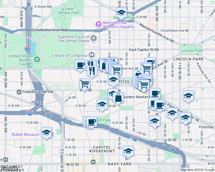 map of restaurants, bars, coffee shops, grocery stores, and more near 317 3rd Street Southeast in Washington