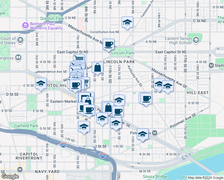 map of restaurants, bars, coffee shops, grocery stores, and more near 101 Independence Avenue Southeast in Washington