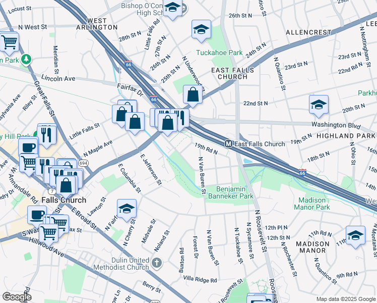 map of restaurants, bars, coffee shops, grocery stores, and more near 6826 19th Road North in Arlington