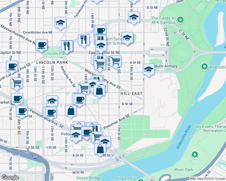 map of restaurants, bars, coffee shops, grocery stores, and more near 101 Independence Avenue Southeast in Washington