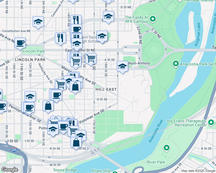 map of restaurants, bars, coffee shops, grocery stores, and more near 101 Independence Avenue Southeast in Washington