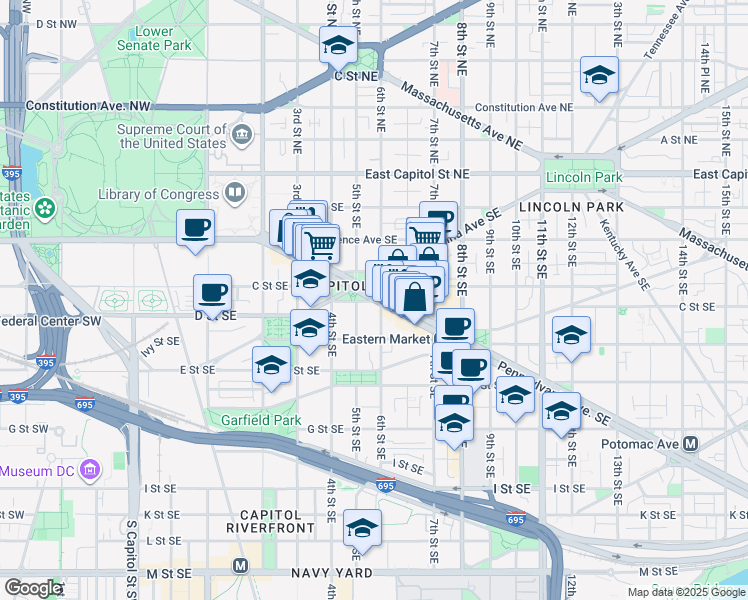 map of restaurants, bars, coffee shops, grocery stores, and more near 501 Pennsylvania Avenue Southeast in Washington