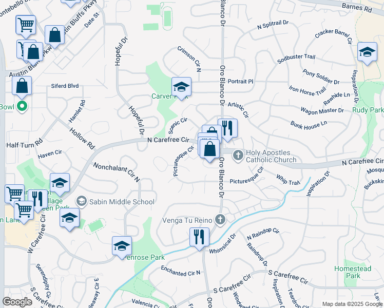 map of restaurants, bars, coffee shops, grocery stores, and more near 4625 Carefree Circle North in Colorado Springs