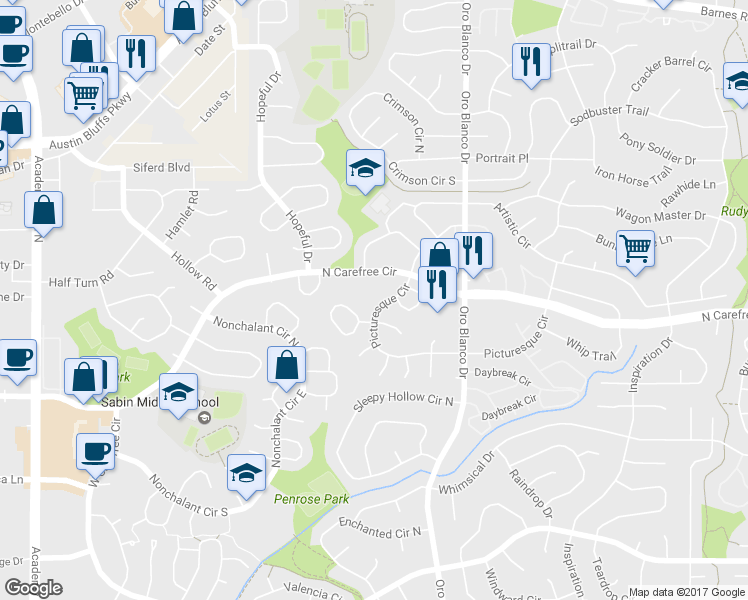 map of restaurants, bars, coffee shops, grocery stores, and more near 4523 North Carefree Circle in Colorado Springs