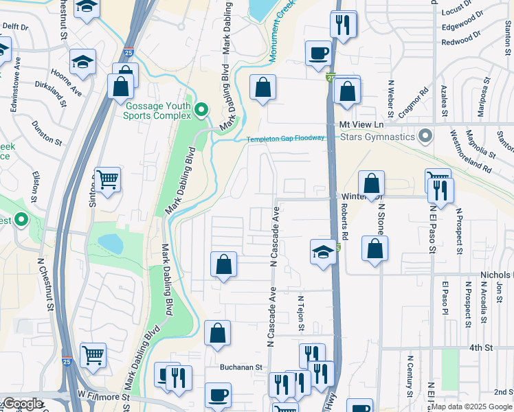 map of restaurants, bars, coffee shops, grocery stores, and more near 3750 North Cascade Avenue in Colorado Springs