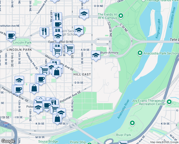 map of restaurants, bars, coffee shops, grocery stores, and more near 101 Independence Avenue Southeast in Washington