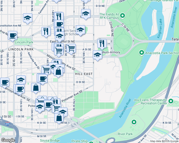 map of restaurants, bars, coffee shops, grocery stores, and more near 101 Independence Avenue Southeast in Washington