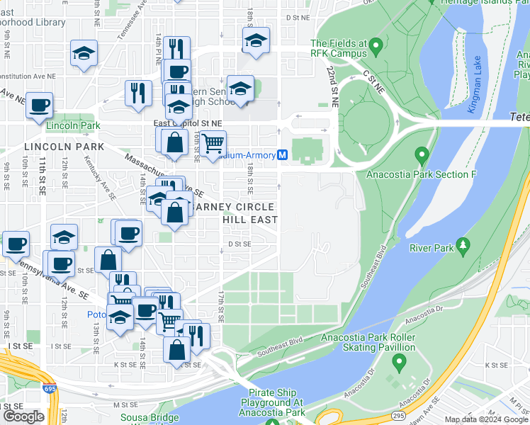 map of restaurants, bars, coffee shops, grocery stores, and more near 101 Independence Avenue Southeast in Washington