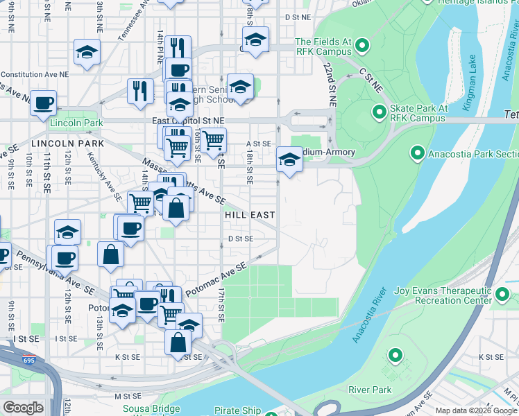 map of restaurants, bars, coffee shops, grocery stores, and more near 101 Independence Avenue Southeast in Washington