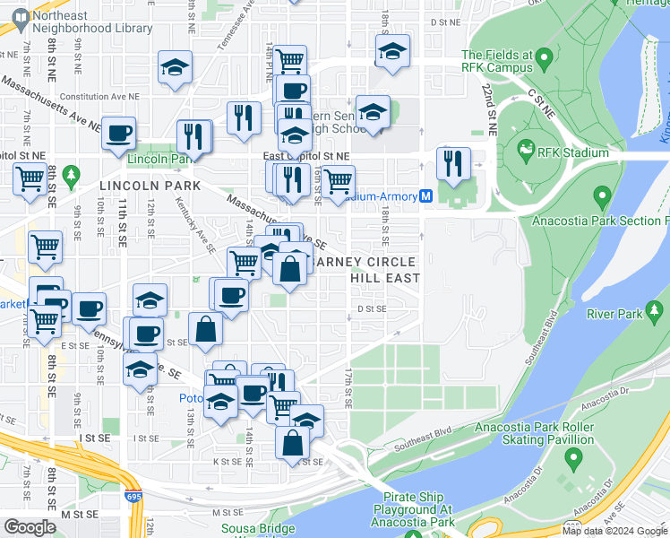 map of restaurants, bars, coffee shops, grocery stores, and more near 101 Independence Avenue Southeast in Washington