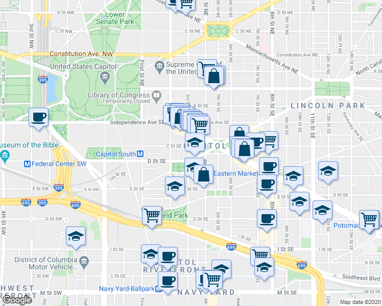 map of restaurants, bars, coffee shops, grocery stores, and more near 101 Independence Avenue Southeast in Washington