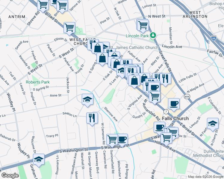 map of restaurants, bars, coffee shops, grocery stores, and more near in Falls Church