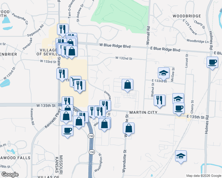 map of restaurants, bars, coffee shops, grocery stores, and more near 13319 Washington Court in Kansas City