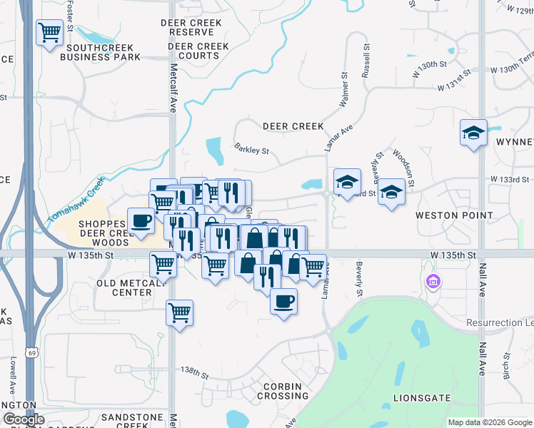 map of restaurants, bars, coffee shops, grocery stores, and more near 6522 West 133rd Terrace in Leawood