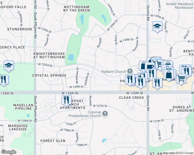 map of restaurants, bars, coffee shops, grocery stores, and more near 13300 Westgate Street in Overland Park