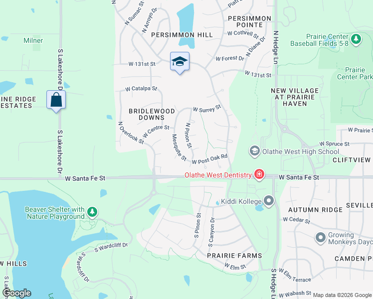 map of restaurants, bars, coffee shops, grocery stores, and more near 312 North Pinon Street in Olathe