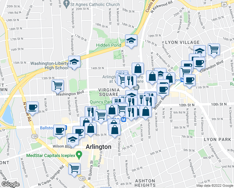 map of restaurants, bars, coffee shops, grocery stores, and more near 1043 North Monroe Street in Arlington