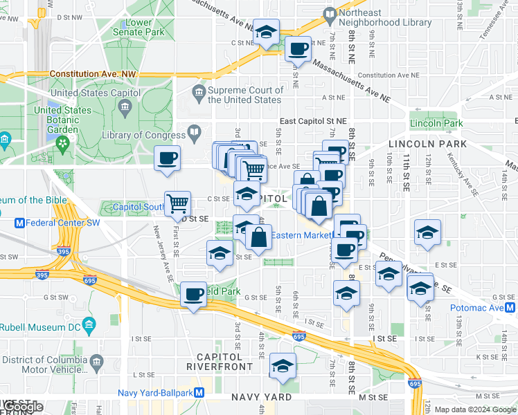 map of restaurants, bars, coffee shops, grocery stores, and more near 309 4th Street Southeast in Washington