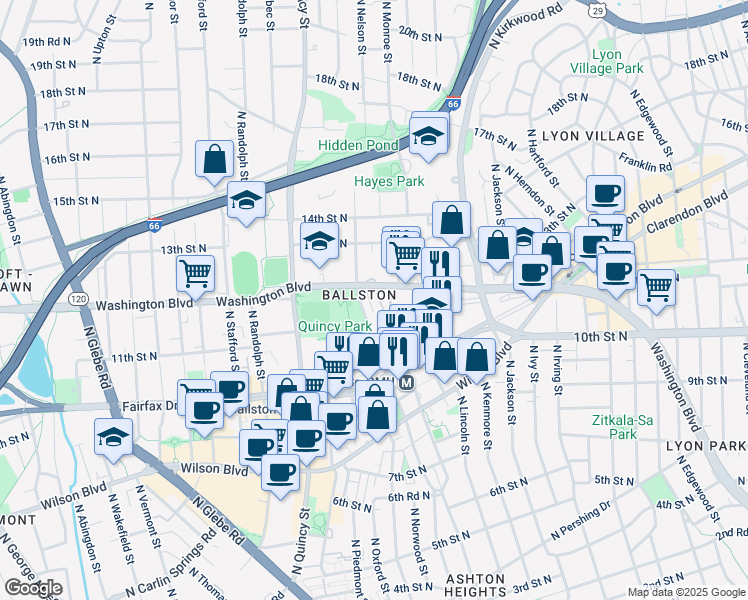 map of restaurants, bars, coffee shops, grocery stores, and more near 1050 North Monroe Street in Arlington