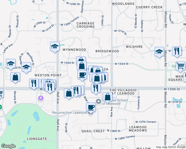 map of restaurants, bars, coffee shops, grocery stores, and more near 4921 West 134th Street in Leawood