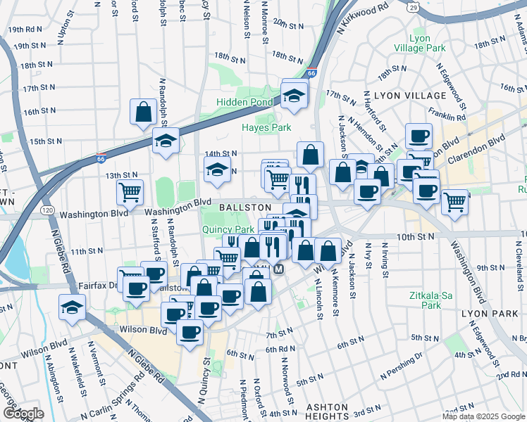 map of restaurants, bars, coffee shops, grocery stores, and more near 1043 North Monroe Street in Arlington