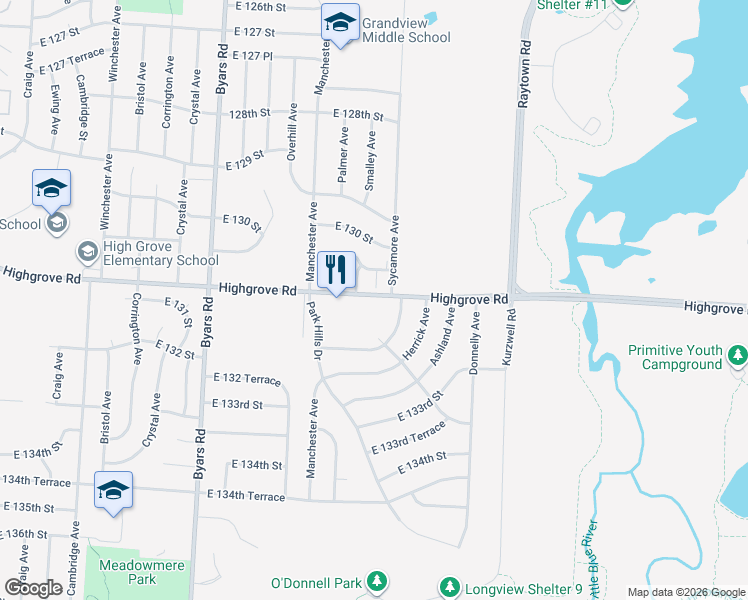 map of restaurants, bars, coffee shops, grocery stores, and more near 8031 East 130th Court in Grandview