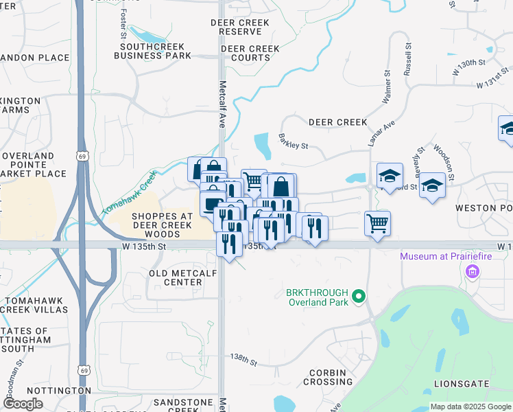 map of restaurants, bars, coffee shops, grocery stores, and more near 6753-6937 West 133rd Street in Overland Park