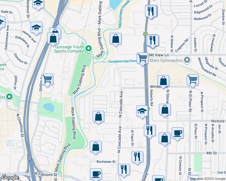 map of restaurants, bars, coffee shops, grocery stores, and more near 3750 North Cascade Avenue in Colorado Springs