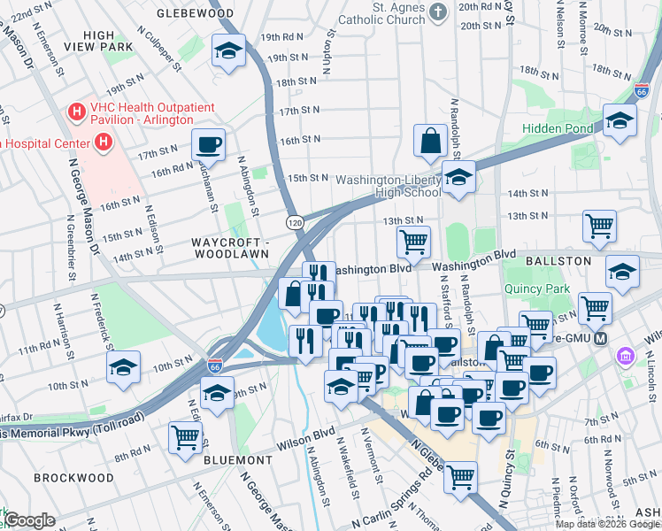 map of restaurants, bars, coffee shops, grocery stores, and more near 1202 North Vernon Street in Arlington