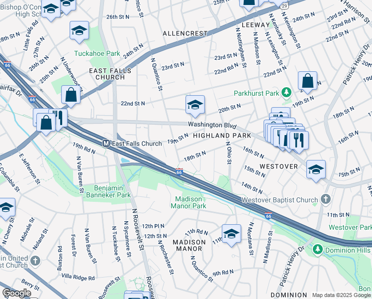 map of restaurants, bars, coffee shops, grocery stores, and more near 6232 18th Road North in Arlington