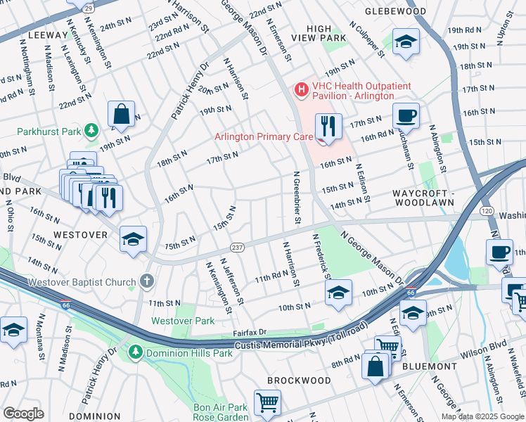 map of restaurants, bars, coffee shops, grocery stores, and more near 1406 North Illinois Street in Arlington