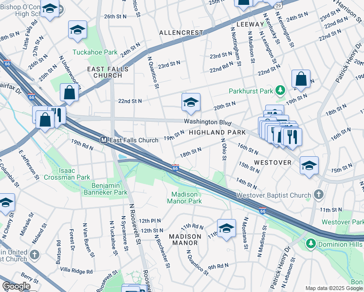 map of restaurants, bars, coffee shops, grocery stores, and more near 6232 18th Road North in Arlington