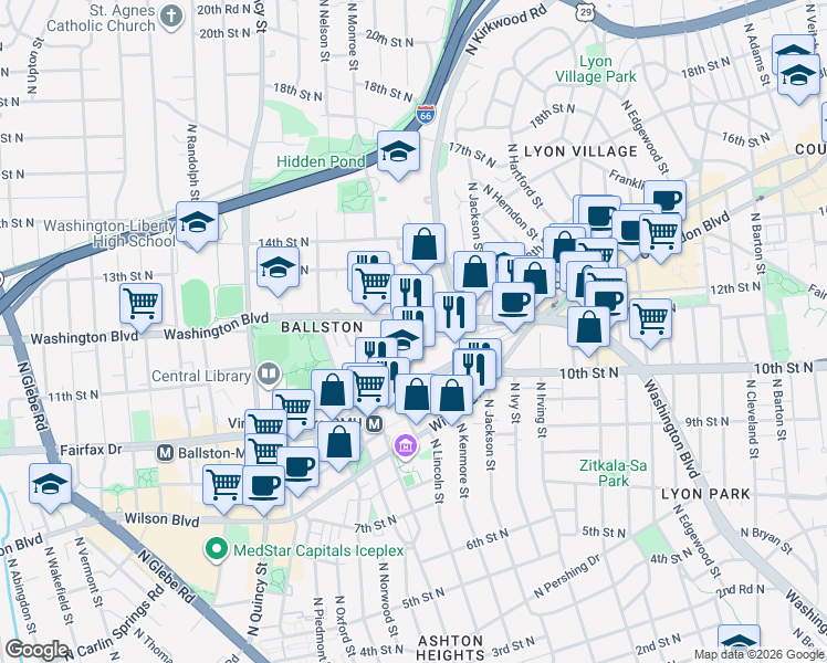 map of restaurants, bars, coffee shops, grocery stores, and more near 3434 Washington Boulevard in Arlington