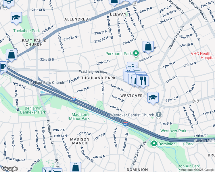 map of restaurants, bars, coffee shops, grocery stores, and more near 6020 16th Street North in Arlington