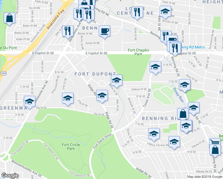 map of restaurants, bars, coffee shops, grocery stores, and more near 327 Burns Street Southeast in Washington