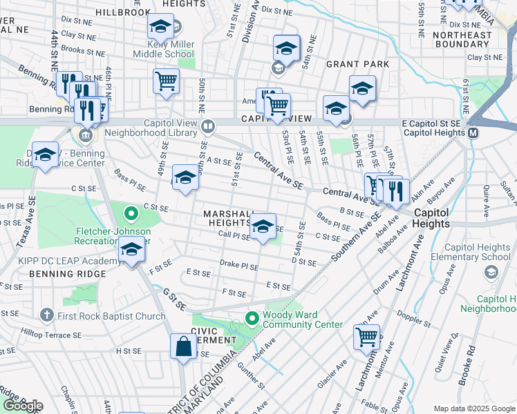 map of restaurants, bars, coffee shops, grocery stores, and more near 5216 Bass Place Southeast in Washington