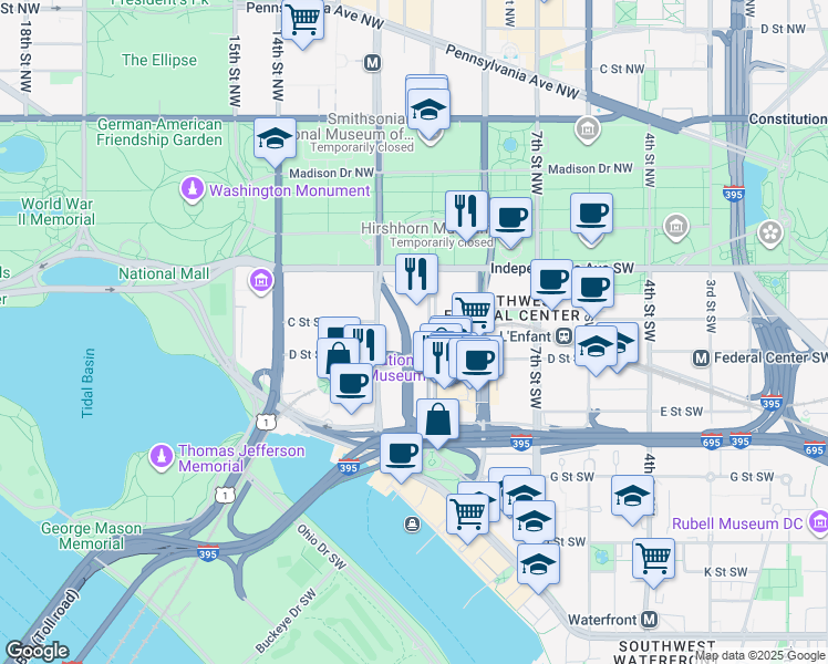 map of restaurants, bars, coffee shops, grocery stores, and more near 357 L'Enfant Plaza Southwest in Washington
