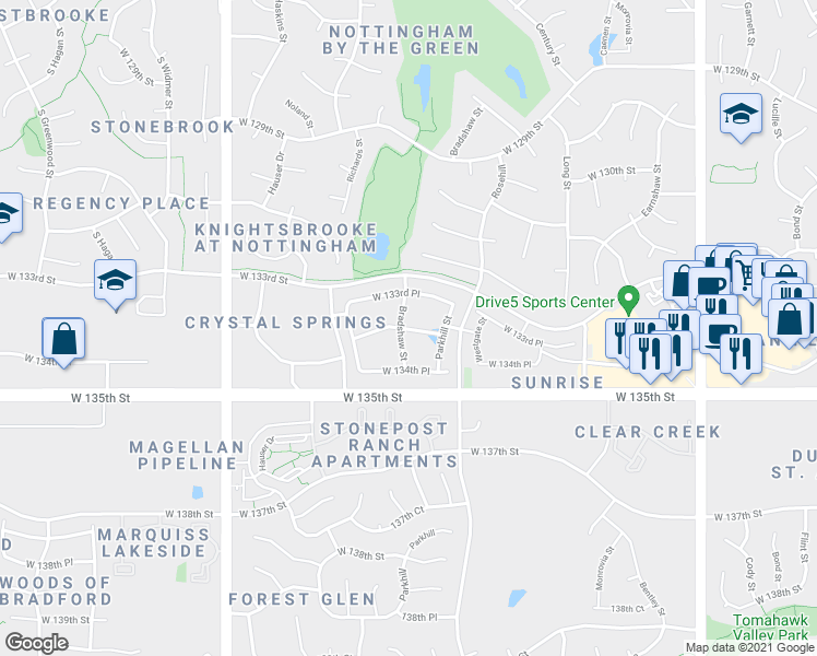 map of restaurants, bars, coffee shops, grocery stores, and more near 12904 134th Street in Overland Park