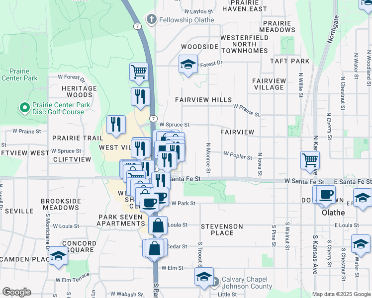 map of restaurants, bars, coffee shops, grocery stores, and more near 310 North Marion Street in Olathe