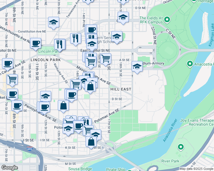 map of restaurants, bars, coffee shops, grocery stores, and more near 261 17th Street Southeast in Washington