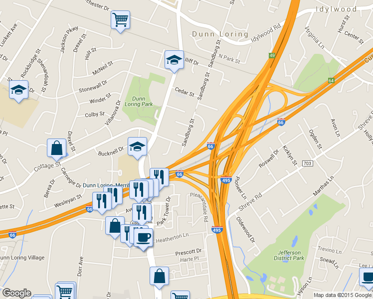 map of restaurants, bars, coffee shops, grocery stores, and more near 2601 Sandburg Street in Dunn Loring