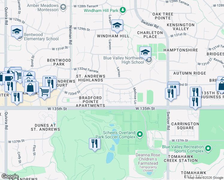 map of restaurants, bars, coffee shops, grocery stores, and more near 10350 West 135th Street in Overland Park