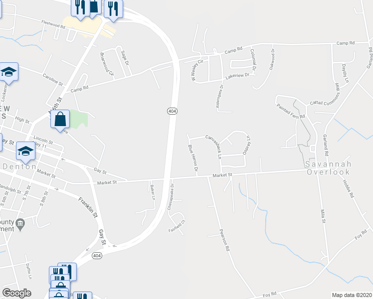 map of restaurants, bars, coffee shops, grocery stores, and more near 1707 Blue Heron Drive in Denton