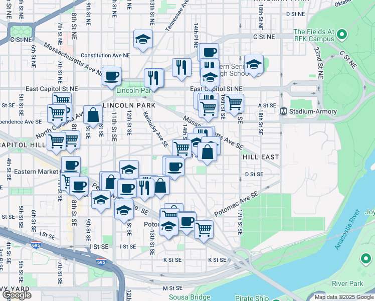 map of restaurants, bars, coffee shops, grocery stores, and more near 101 Independence Avenue Southeast in Washington