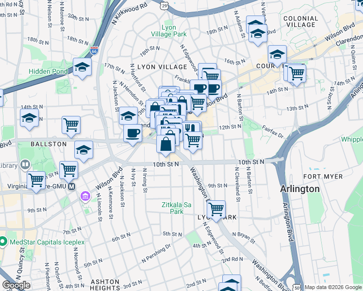 map of restaurants, bars, coffee shops, grocery stores, and more near 1021 North Garfield Street in Arlington