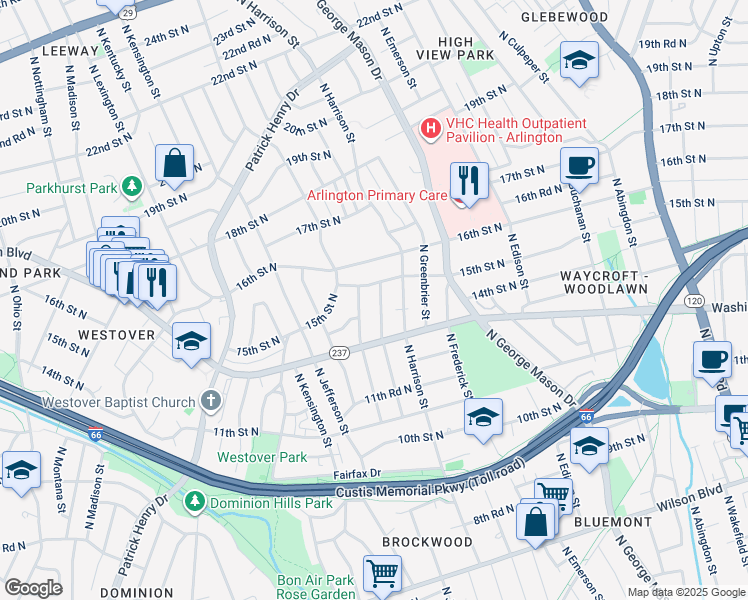 map of restaurants, bars, coffee shops, grocery stores, and more near 1406 North Illinois Street in Arlington